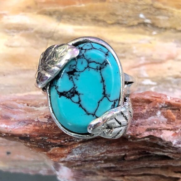 Sterling Silver Double Leaf Spider Web Turquoise Ring Size 10 - Picture 1 of 4